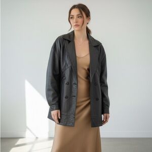 Vintage black leather oversized double breasted jacket - size 2 (Small)